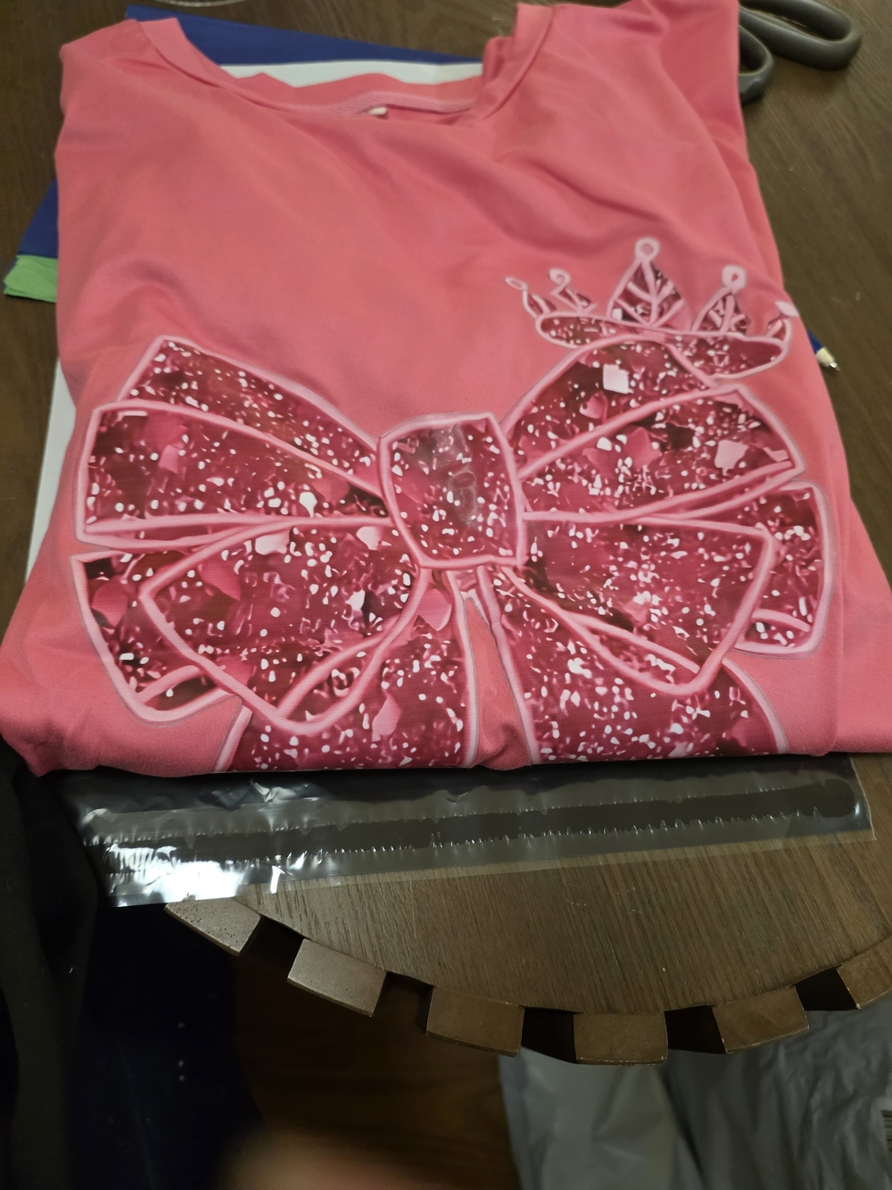Ladies Pink Tee with Glitter Bow and Crown Accent